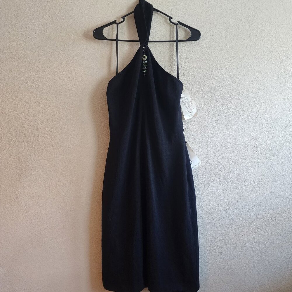 St John Evening Dress Womens 6 Black Halter Beaded Detail Wool Blend Made USA